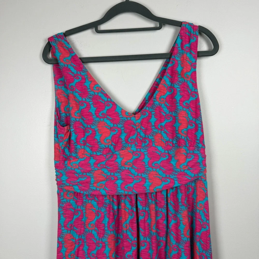 Lilly Pulitzer SLOANE Pink Blue Seahorse Print Maxi Dress Medium Cotton Nautical - Picture 9 of 10